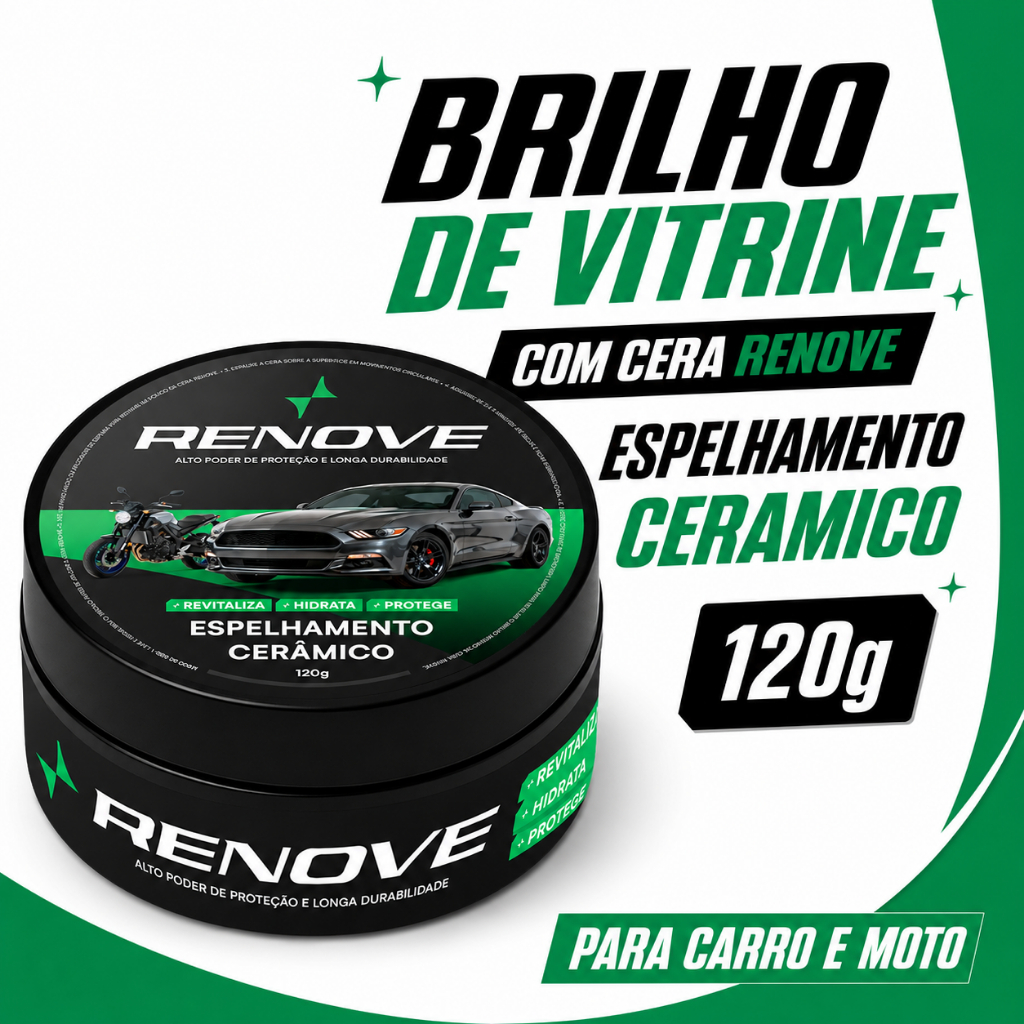 Cera Carnaúba Automotiva Renove 120g - Brilho Profundo, Toque Liso e Repelência à Água.