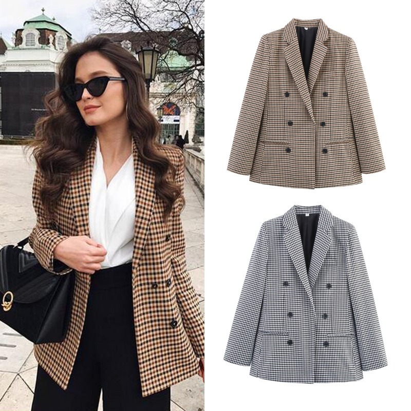 HW Fatos De Manga Comprida Feminina Vintage Notched Bouble Breasted Plaid Women Blazer