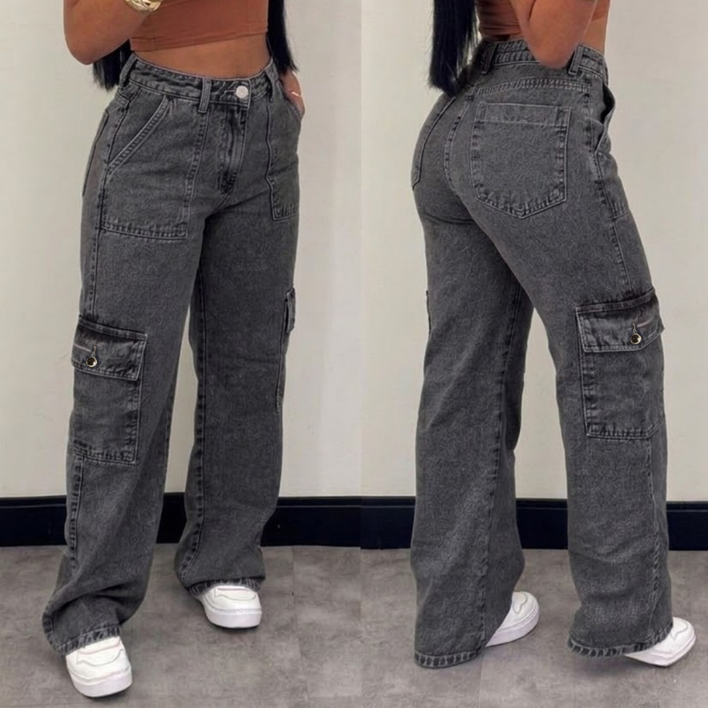Calça Jeans Feminina Cargo Wide Leg Black Marmorizada Pantalona Boca Larga Cintura Alta Premium