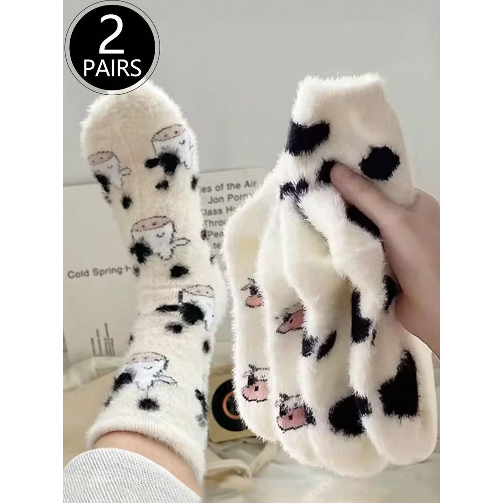 2 Pares de Meias de Pelúcia com Estampa de Vaca, Grossas e Quentes, Meias de Coral Fleece, Macias e Confortáveis, Adequa