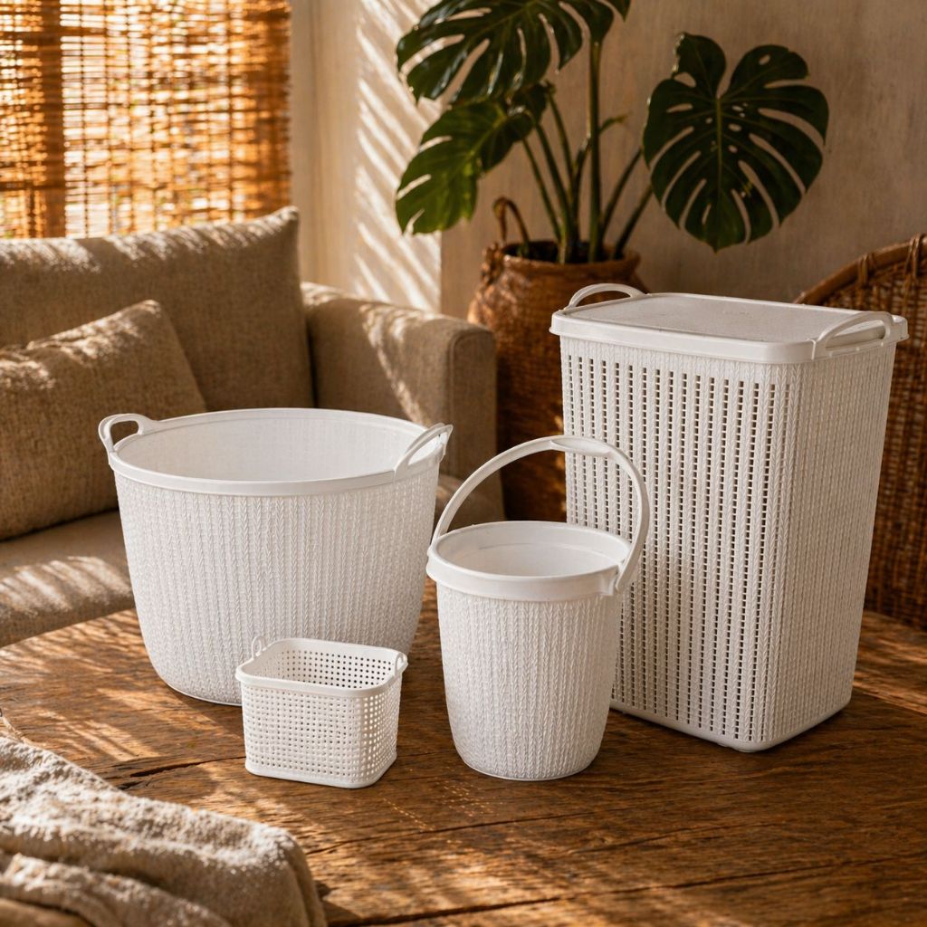 Kit Completo de Organização: Cestos, Balde e Cesta de Trama Branca - Solução Ideal para Lavanderia