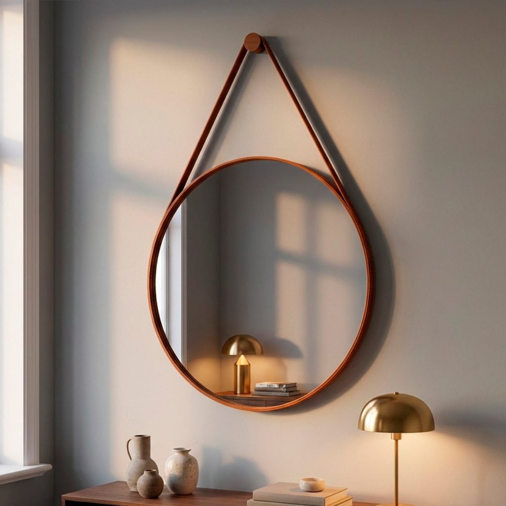 Espelho Redondo Adnet Moderno Lavabo Quarto Sala Banheiro Alça Em Couro 60cm C/ Pino Suporte