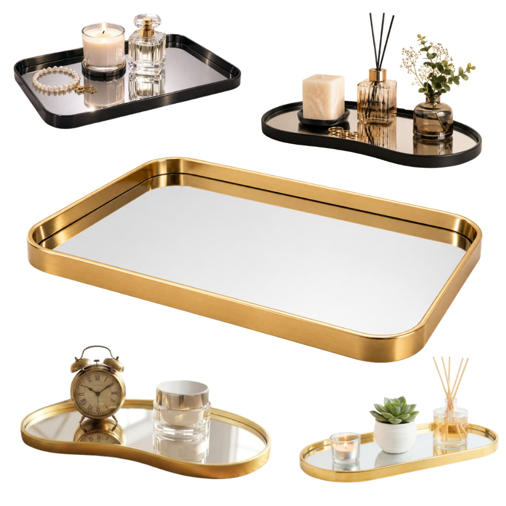 Bandeja Orgânica Decorativa Espelhada Dourada Multiuso Banheiro Lavabo Sala Preta Porta Maquiagem