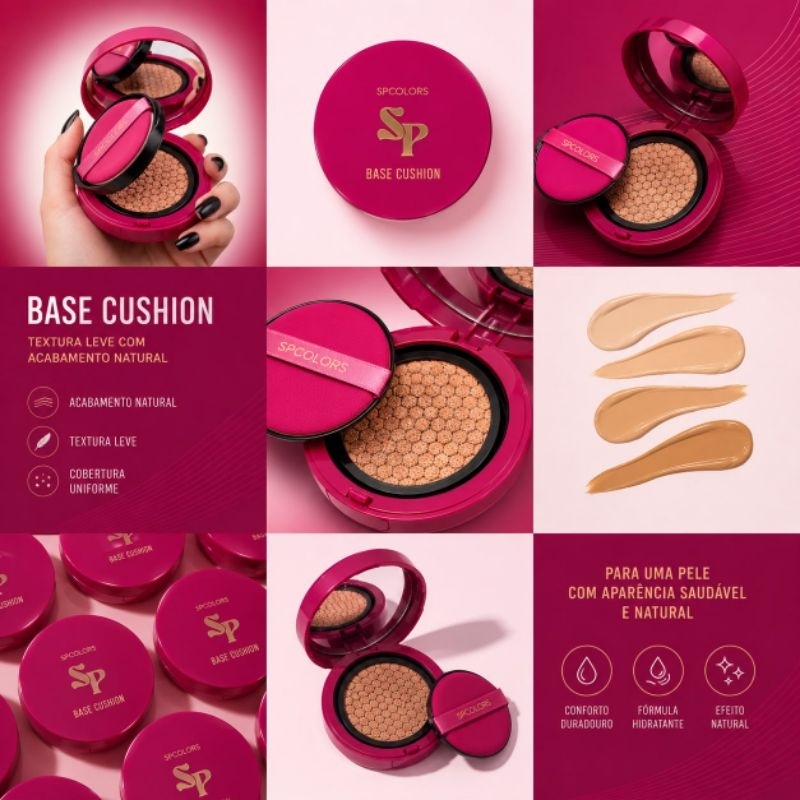 Base Cushion Compacta com Espelho e Aplicador | Cobertura Natural e Textura Leve
