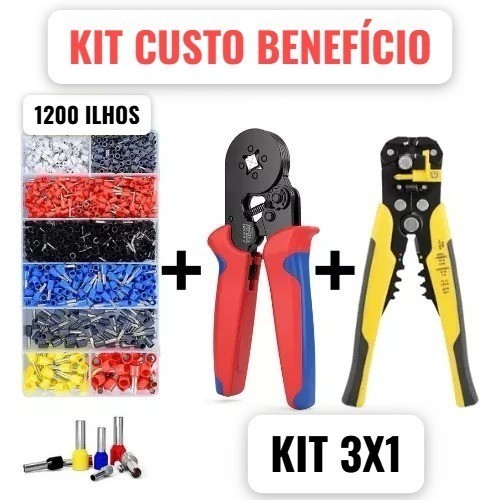 Kit Alicate Crimpar Cripador + 1200 Terminais Ilhos + Alicate Descascador Decapador 0,25 Até 10mm²