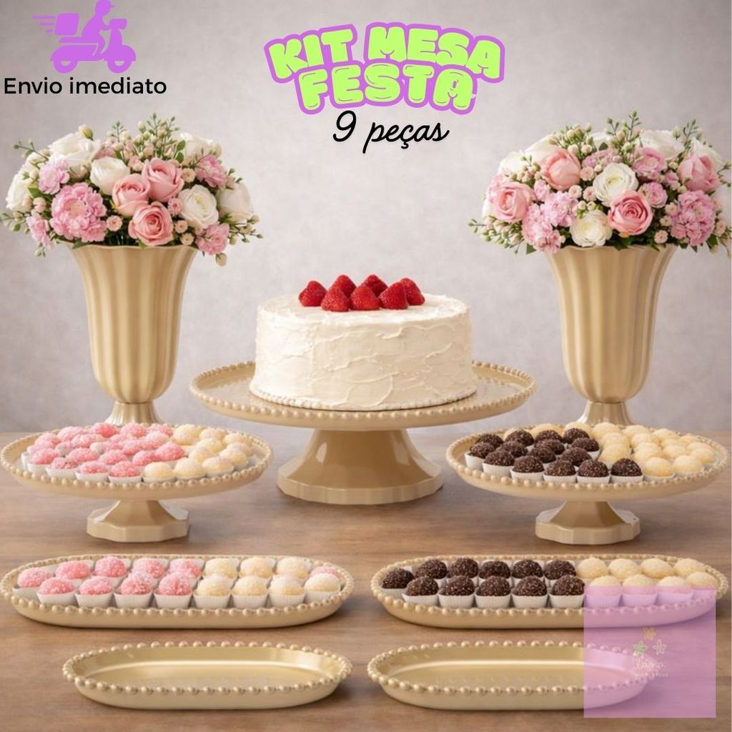 Kit Mesa de Festa Completo 9 Peças Boleira Suportes e Bandejas Decoração Modelo Pérola