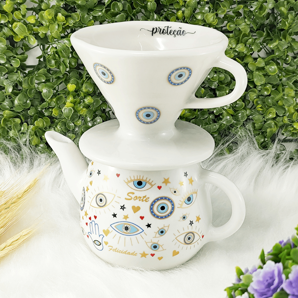 Kit Coador Filtro de Porcelana Bule De 500 ml Branco Olho Grego Mesa Café Mesa Posta