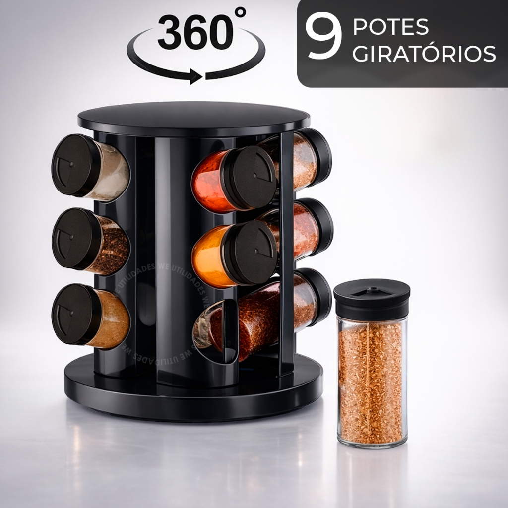 Porta Temperos Condimentos Giratório 9 Potes Organizador Potes Vidro Tampa Profissional