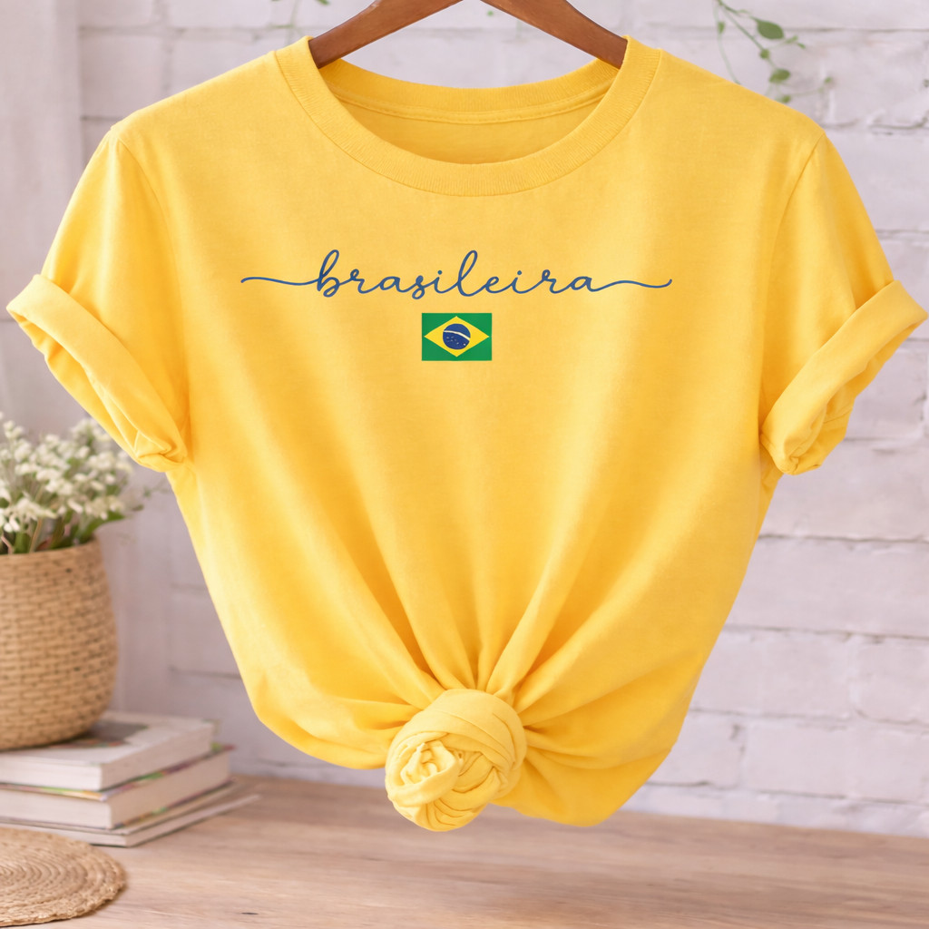 Camiseta Feminina Brasileira Amarela Estampa Brasil T-Shirt 100% Algodão Casual Copa Seleção