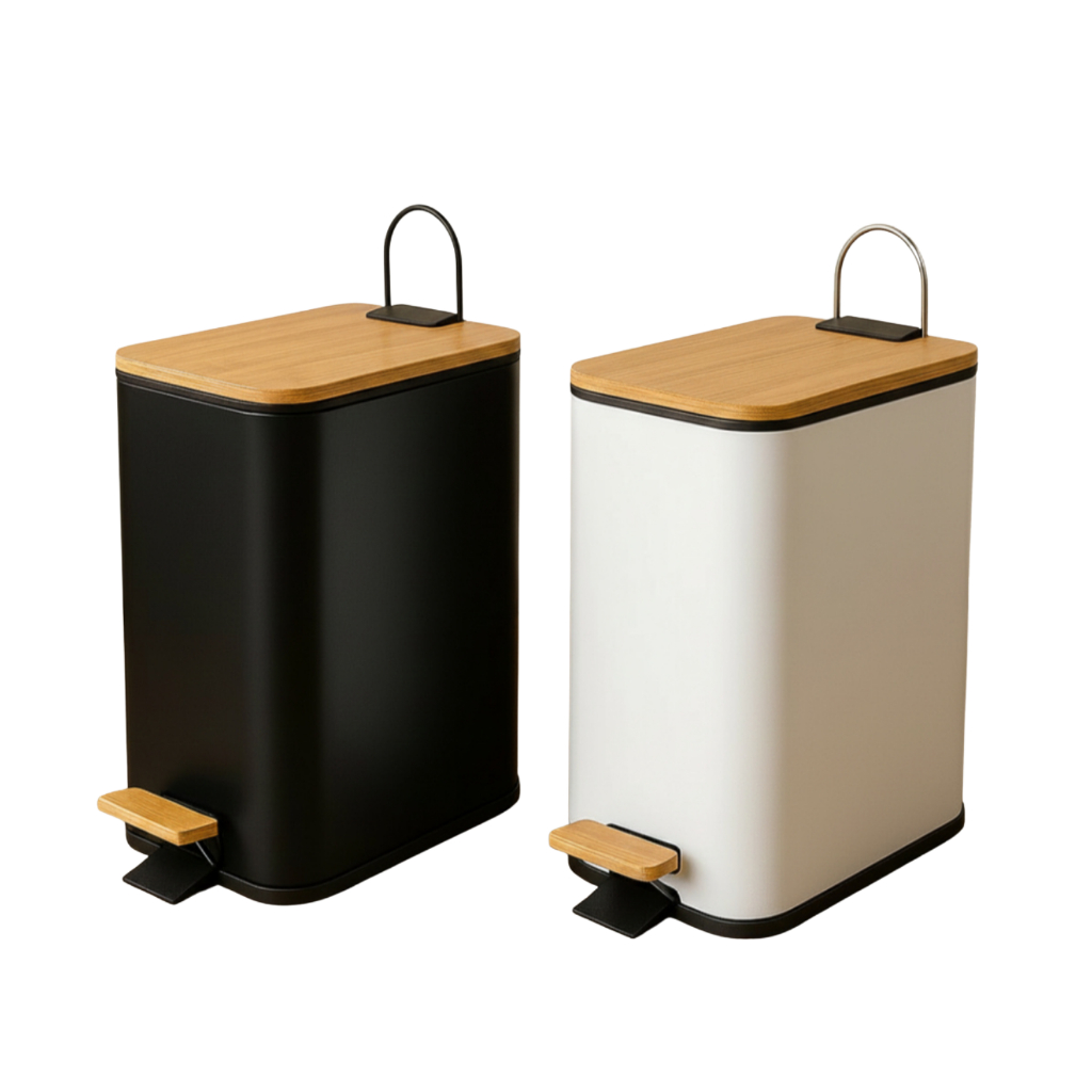 Lixeira Retangular Multiuso Moderna Aço com Tampa Bambu e Pedal Grande Cozinha Banheiro Lavanderia Branca Preta Luxo