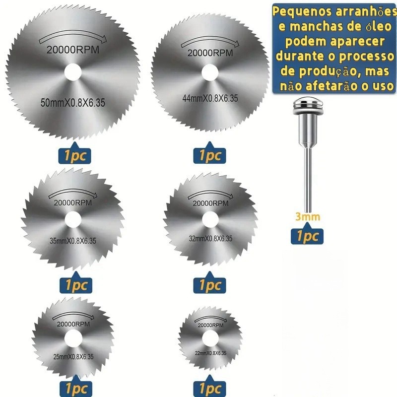 kit Jogo 7 Peças de aço Mini Disco Corte Serra circular Micro Retífica Furadeira profissional Alta Resistência