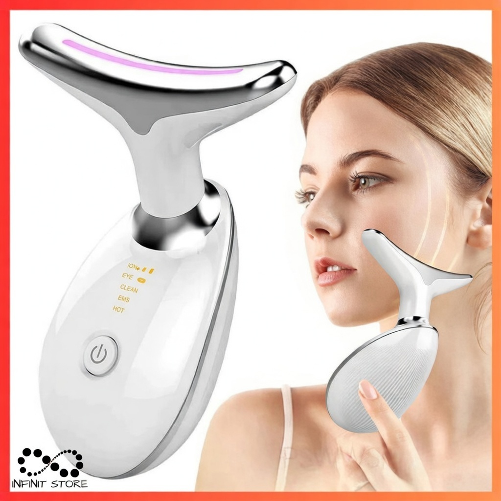 Massageador Facial e Pescoço com Fototerapia LED e Vibração – Firmeza e Rejuvenescimento da Pele Prático E Confortável