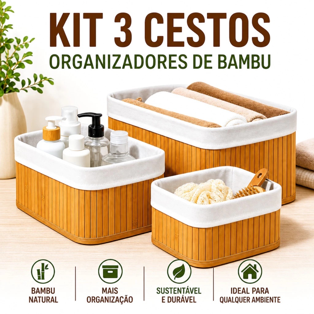 Kit 3 Cestos Organizadores de Bambu Multiuso com Forro