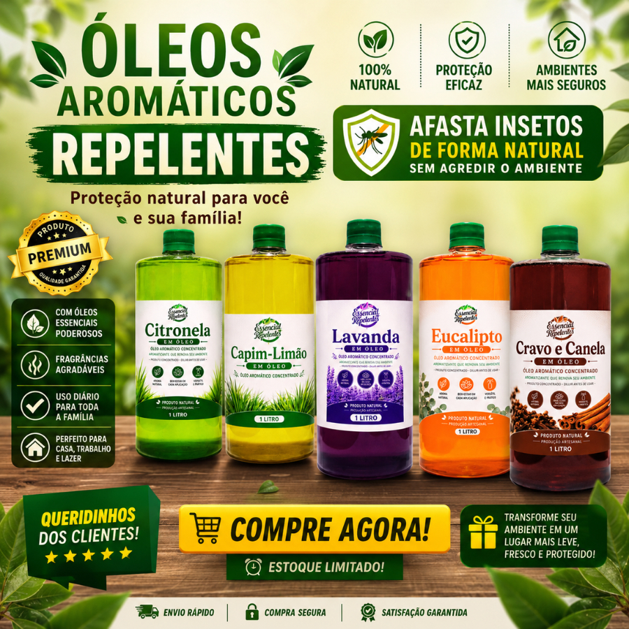 ÓLEO AROMÁTICO REPELENTE CONCENTRADO 1L | RENDIMENTO ATÉ 200L | USO EM AMBIENTES INTERNOS E EXTERNOS