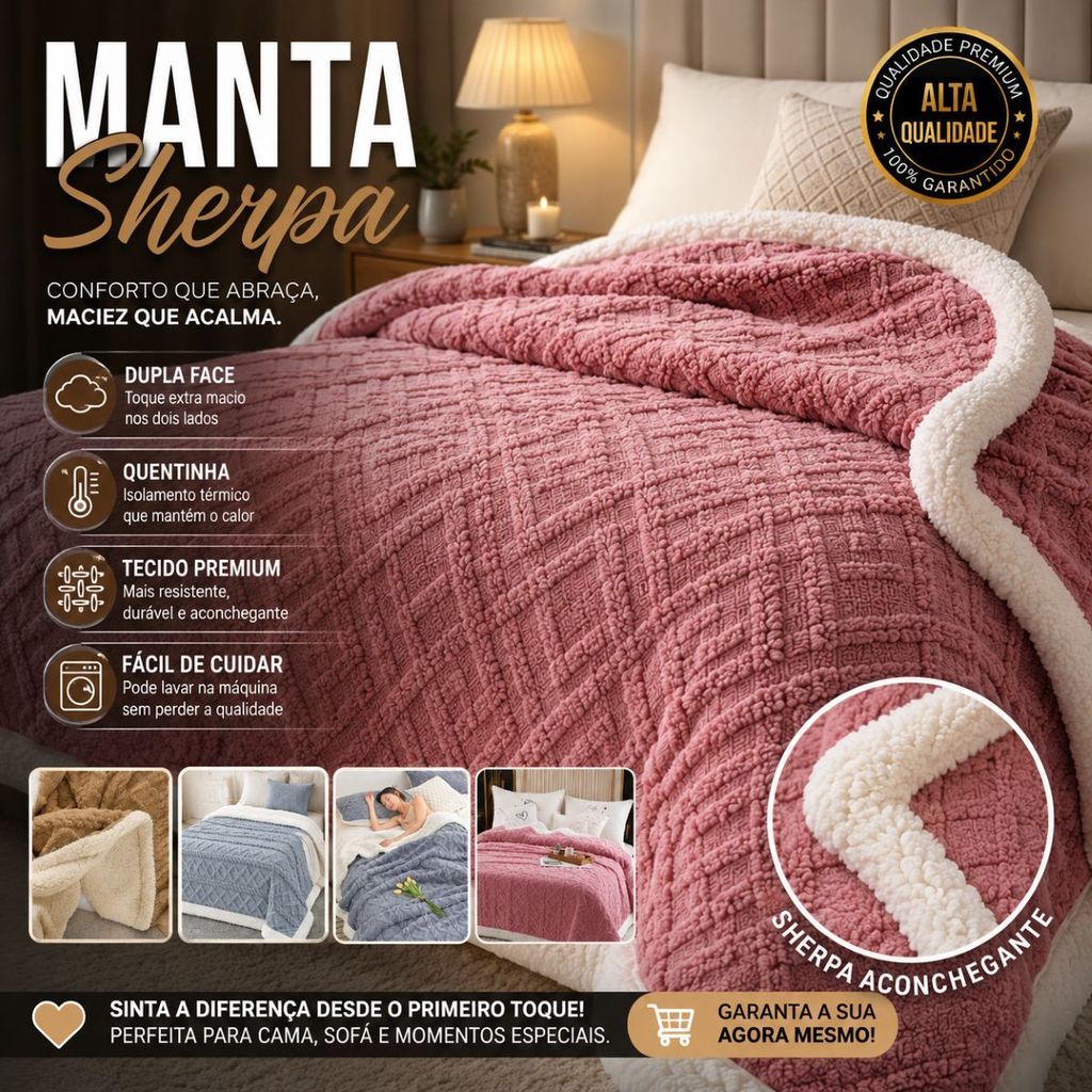 Cobertor Manta Sherpa Premium Felpuda 2,10 X 1,90 Dupla Face Cores Lisas Elegance