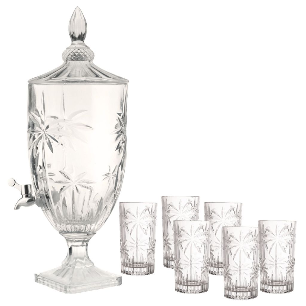 Suqueira 4,5l, Jogo 6 Copos Alto Palm Tree 360ml Cristal Ecológico - Wolff