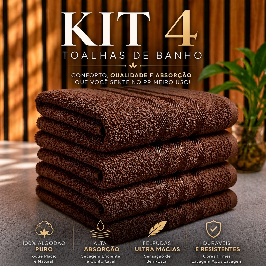 Kit 4 Toalhas - Banho Felpudas Ultra Macias 100% Algodão Puro 1,30x65cm Conforto e Qualidade
