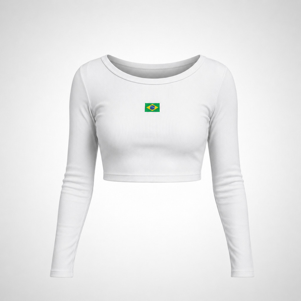 Blusa Feminina Cropped Canoa Canelado Brasil Torcedor Copa Manga Longa