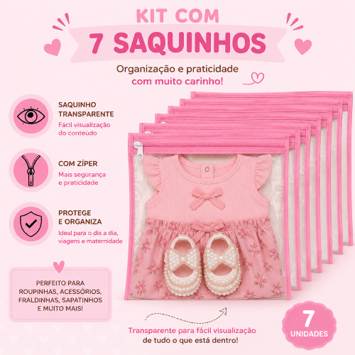 Kit 7 Saquinhos Maternidade Organizador Mala Bebê  Mala/Viagem/Roupa Molhada e Seca