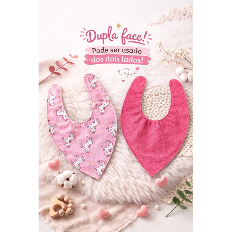 KIT 2 ou 3 Babador Dupla Face Bandana Bebê Estampado e Liso Tecido  Duplo  100% Algodão Antialérgico