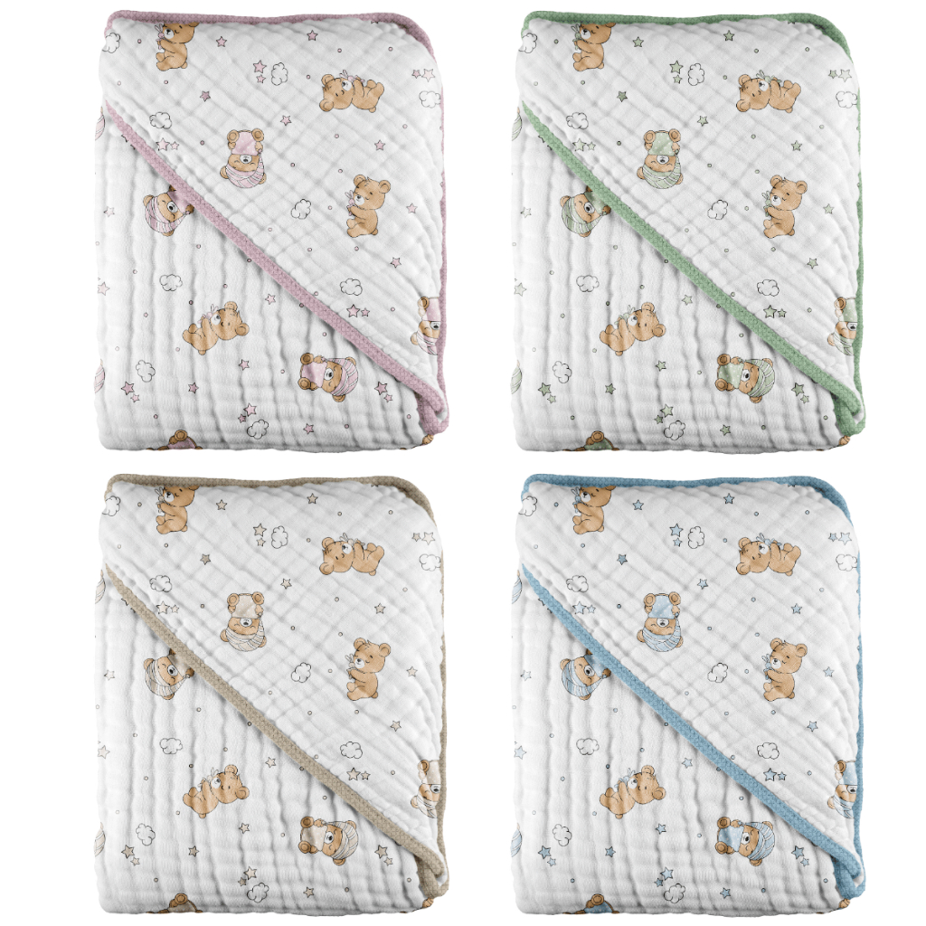 Toalha com capuz Soft Ursinho 68x68cm 100% Algodão Dupla Camada Macia Inconfral Enxoval de Bebe