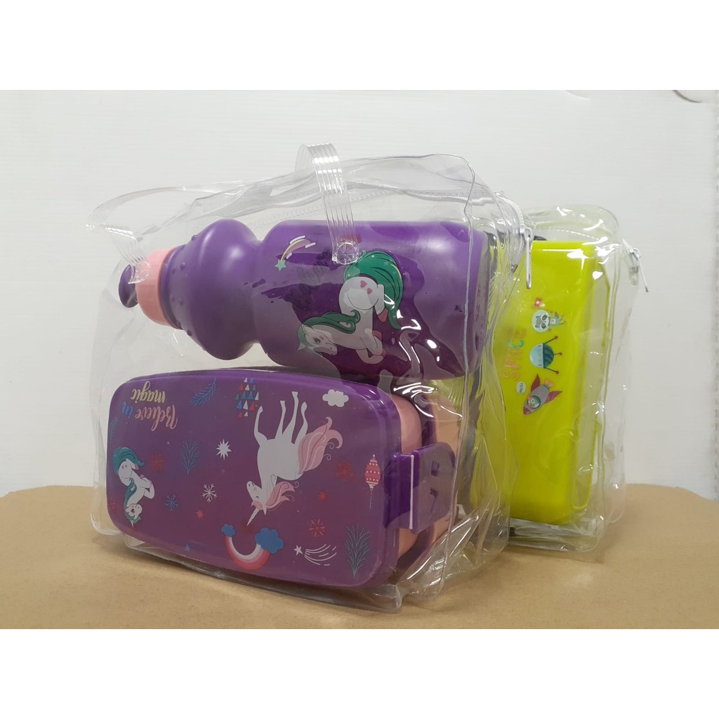 Kit lancheira infantil com marmita dois andares e garrafa com bico