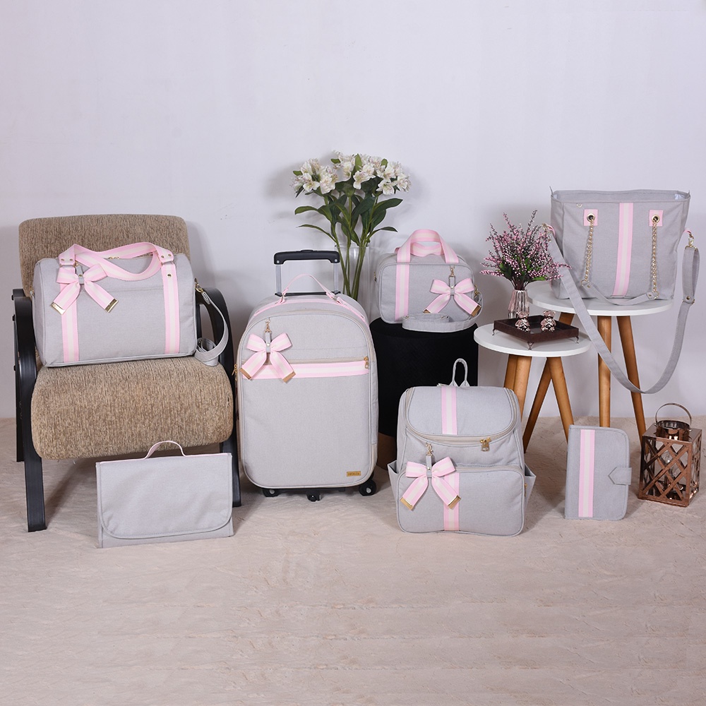 Kit Bolsa Maternidade  Linho Off/Rosa - 07 Peças