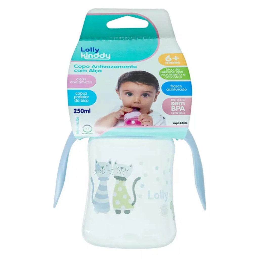Copo Antivazamento Lolly Baby C/ Alça Silicone Azul 250ml