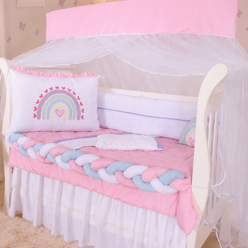 Kit Berço Menina Trança Arco Íris Branco/Rosa + Almofada arco íris - 09 Peças