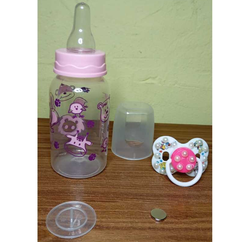 Kit Mamadeira Rosa 140ml + Chupeta Magnética com Pérolas + Ímã Neodímio